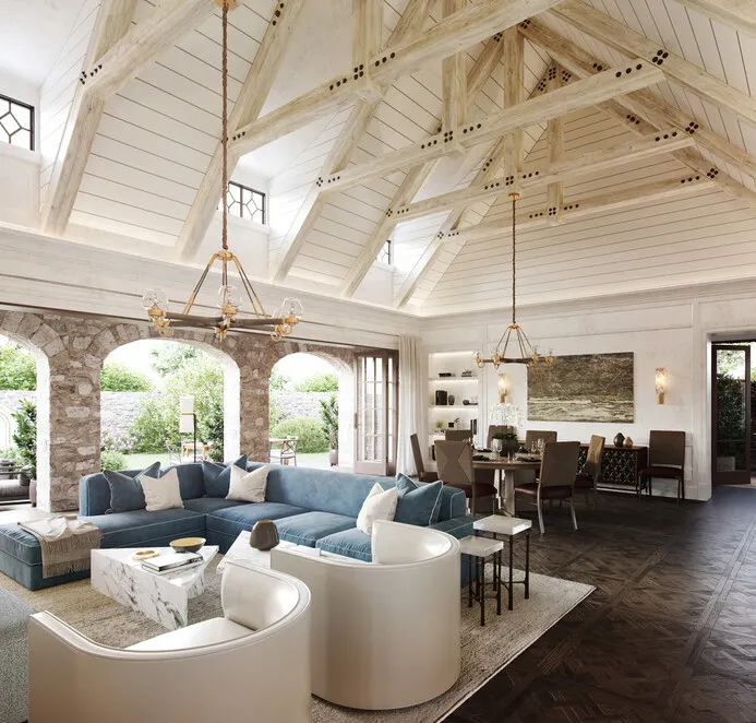 Elegant living room with a large beige sectional sofa, geometric chandelier, and floor-to-ceiling windows opening to a stone patio and blooming garden, adjacent to a dining area.